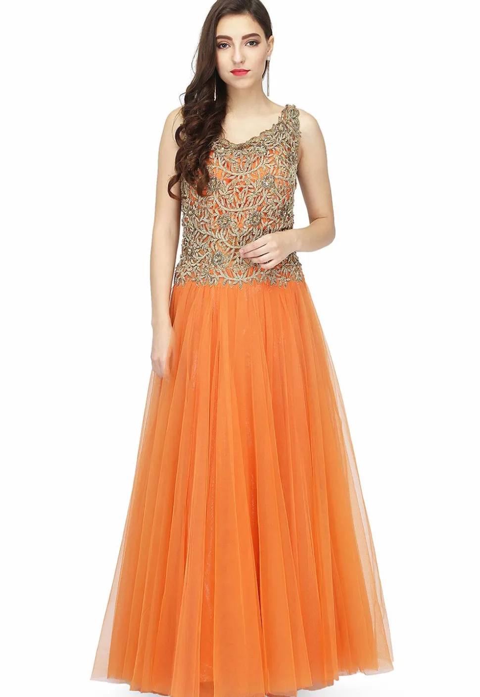 Embroidered Satin Gown in Light Orange and Golden