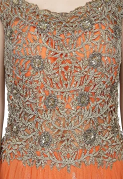 Embroidered Satin Gown in Light Orange and Golden