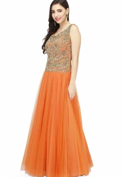 Embroidered Satin Gown in Light Orange and Golden
