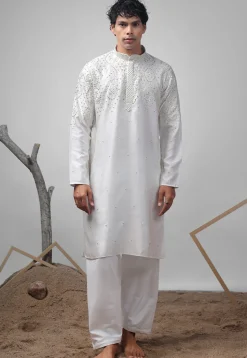 Embroidered Satin Kurta Set in Off White