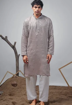 Embroidered Satin Kurta Set in Grey