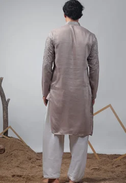 Embroidered Satin Kurta Set in Grey