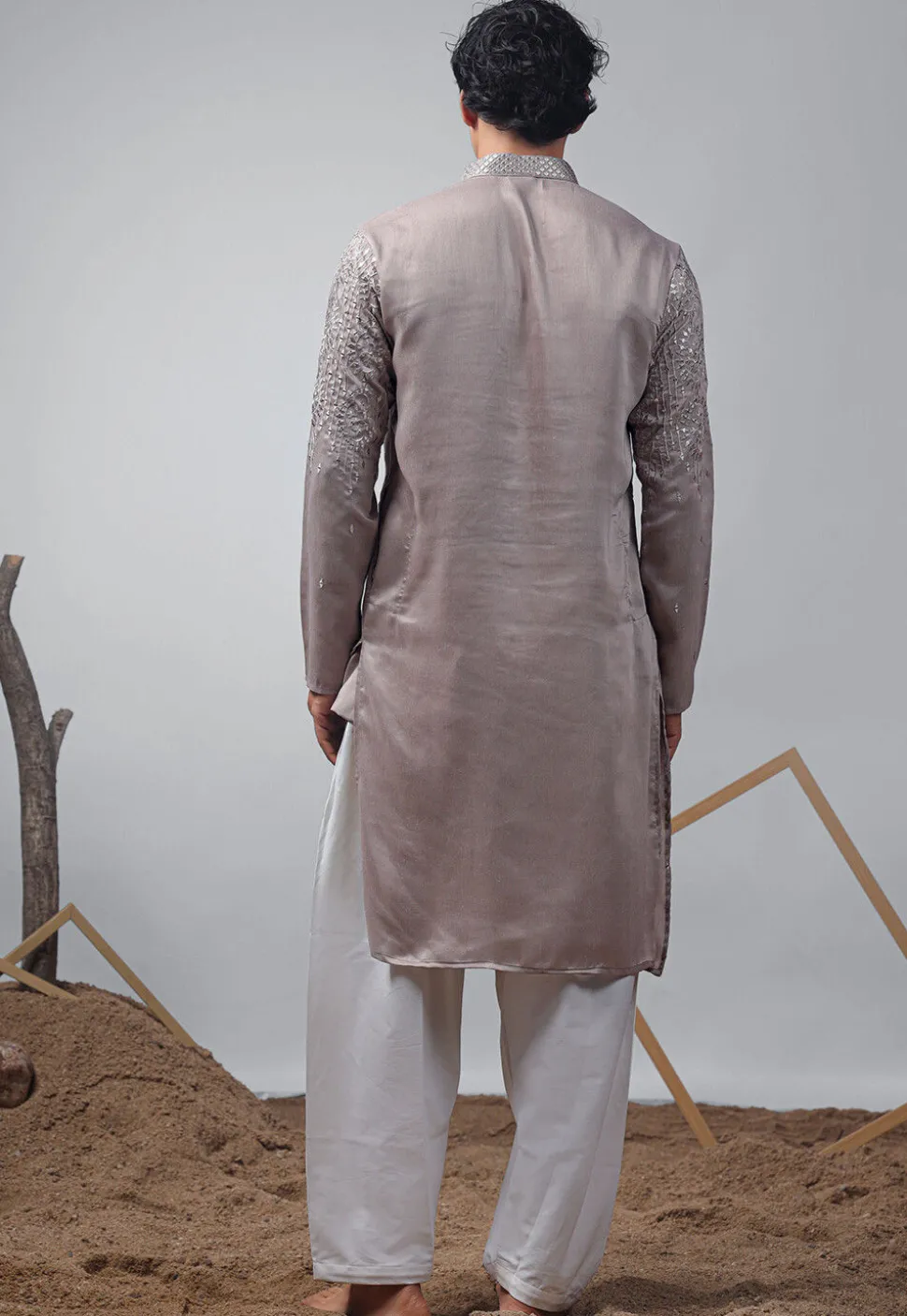 Embroidered Satin Kurta Set in Grey