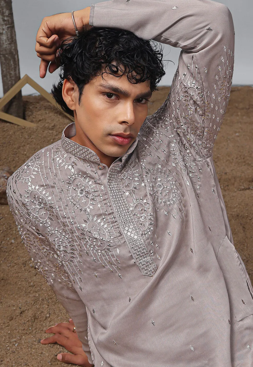 Embroidered Satin Kurta Set in Grey