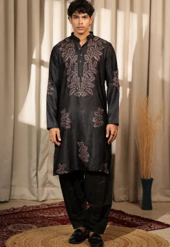 Embroidered Satin Kurta Set in Black