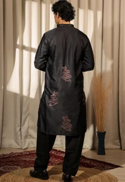 Embroidered Satin Kurta Set in Black