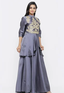 Embroidered Satin Layered Gown in Grey