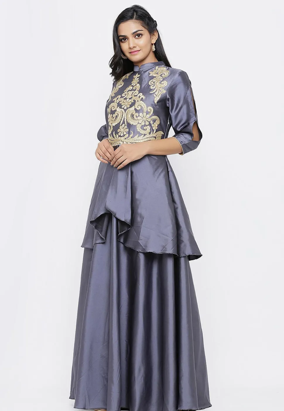 Embroidered Satin Layered Gown in Grey