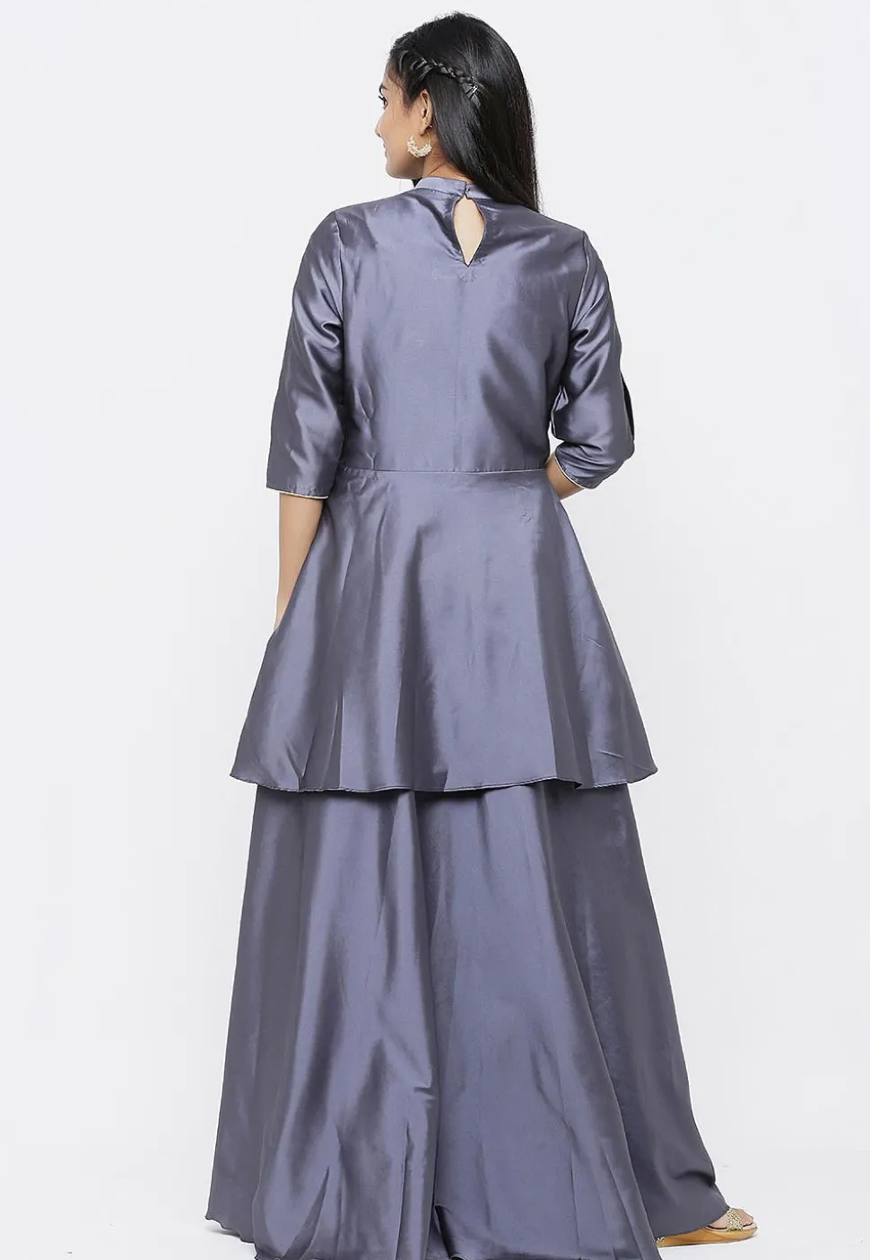Embroidered Satin Layered Gown in Grey