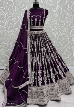 Embroidered Satin Lehenga in Purple