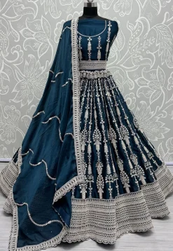 Embroidered Satin Lehenga in Teal Blue