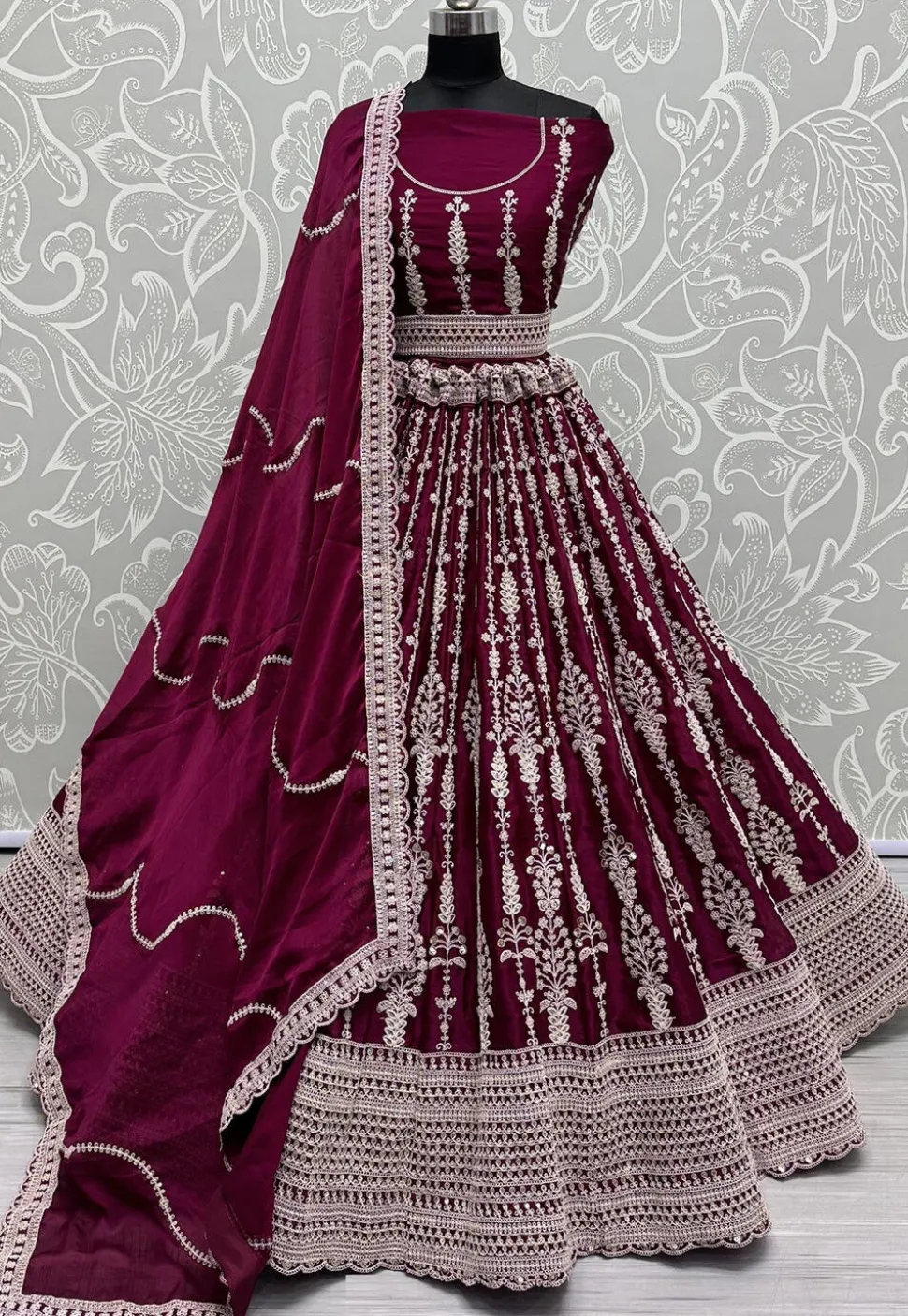 Embroidered Satin Lehenga in Magenta