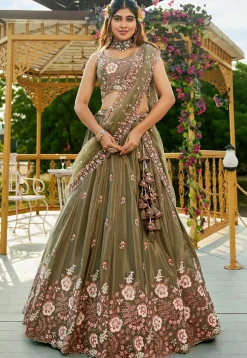 Embroidered Satin Lehenga in Olive Green