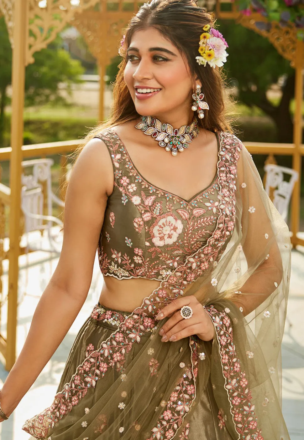 Embroidered Satin Lehenga in Olive Green