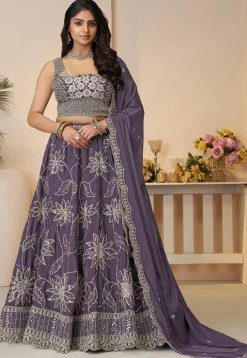 Embroidered Satin Lehenga in Purple