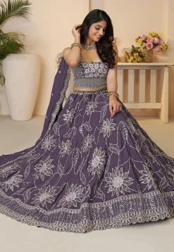 Embroidered Satin Lehenga in Purple