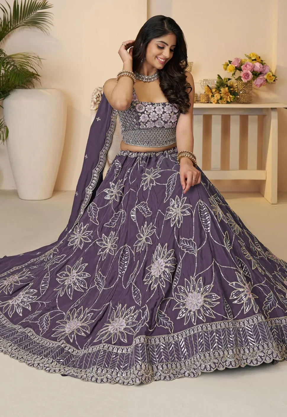 Embroidered Satin Lehenga in Purple