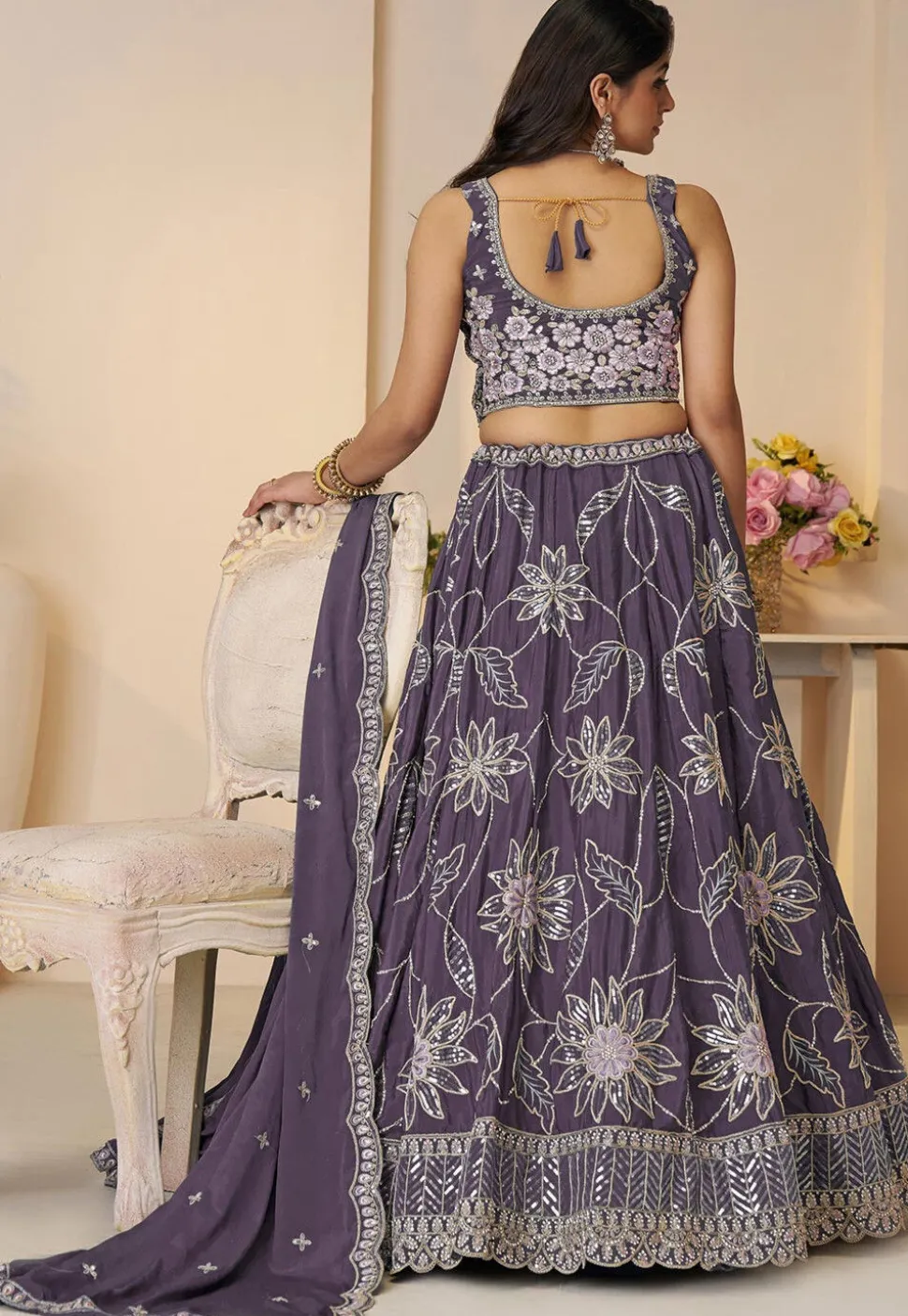 Embroidered Satin Lehenga in Purple