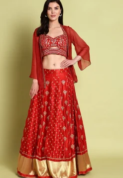 Embroidered Satin Lehenga in Red