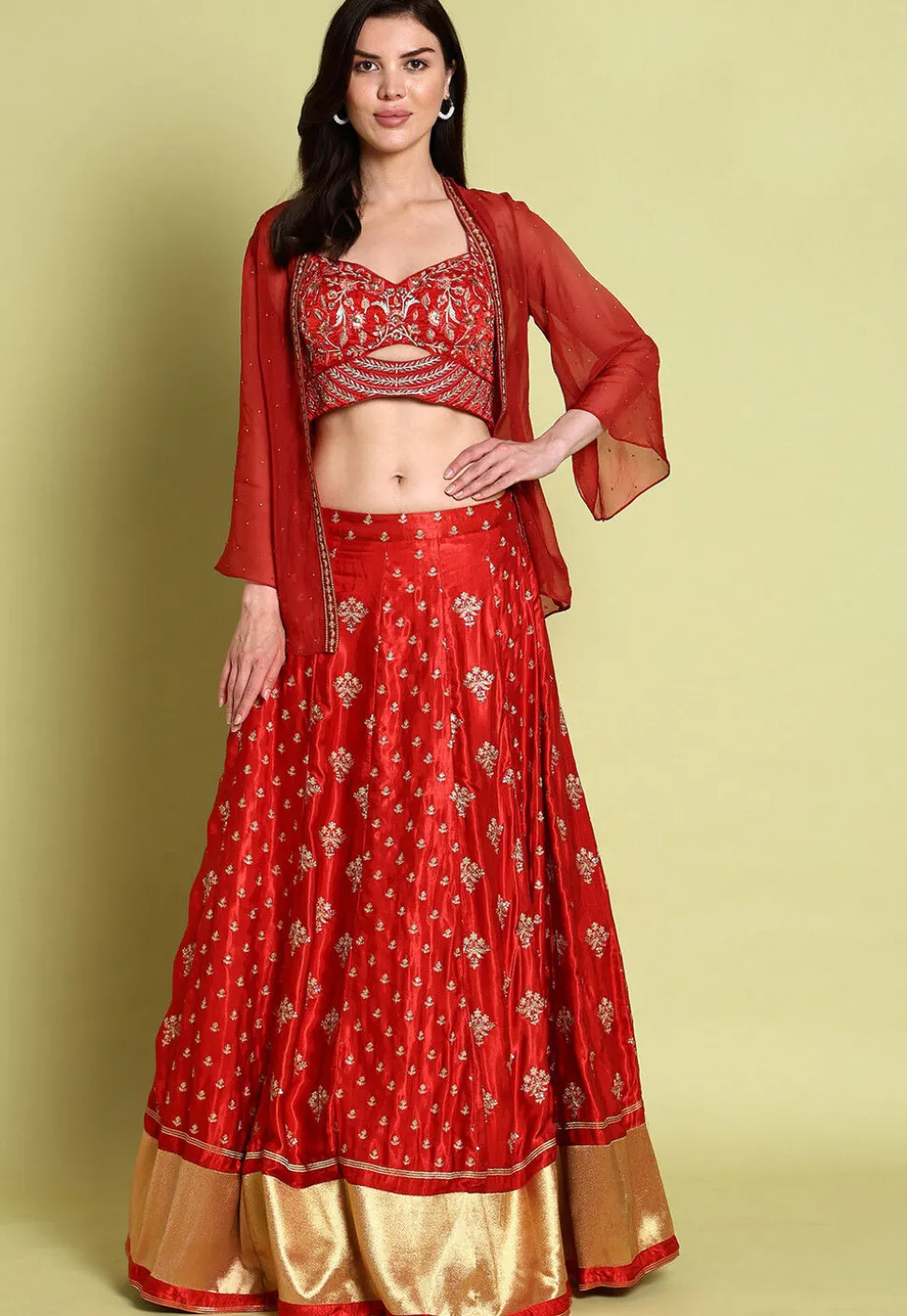 Embroidered Satin Lehenga in Red