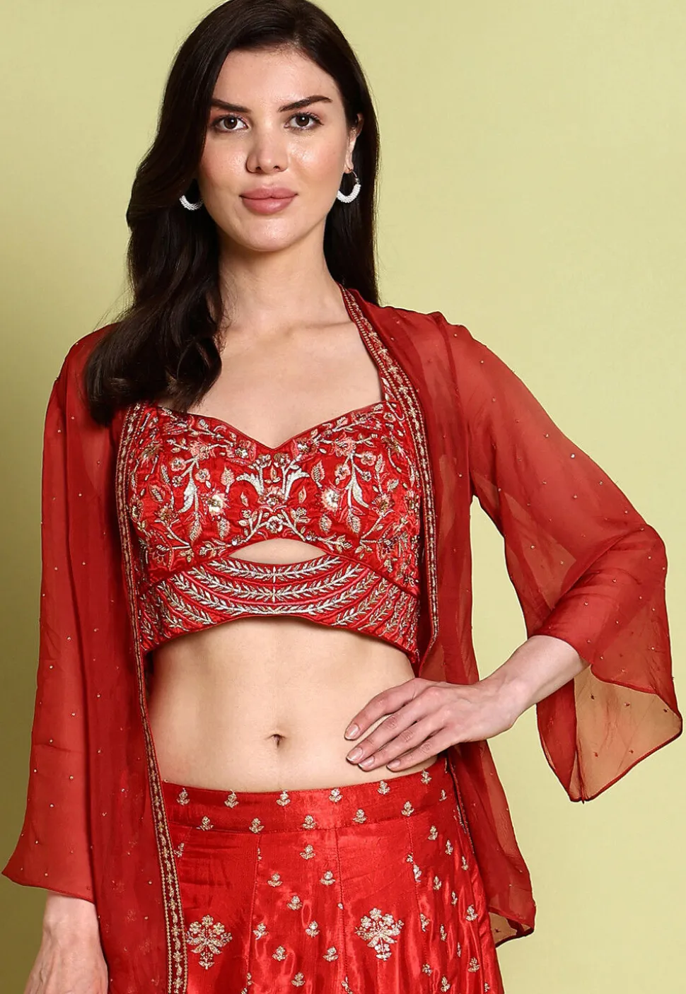Embroidered Satin Lehenga in Red