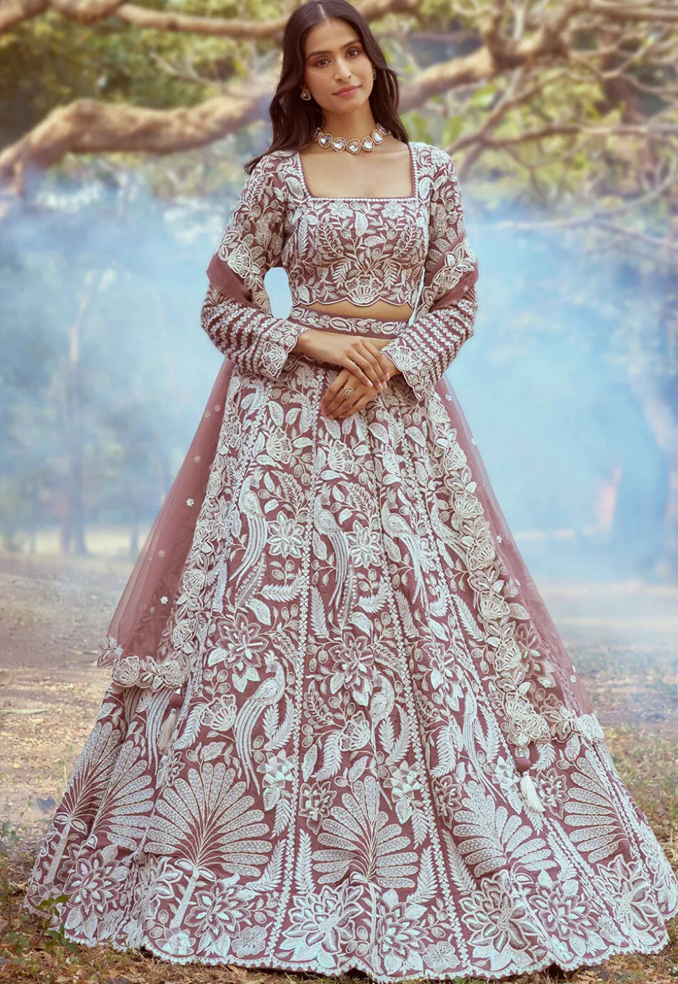 Embroidered Satin Lehenga in Rose Gold