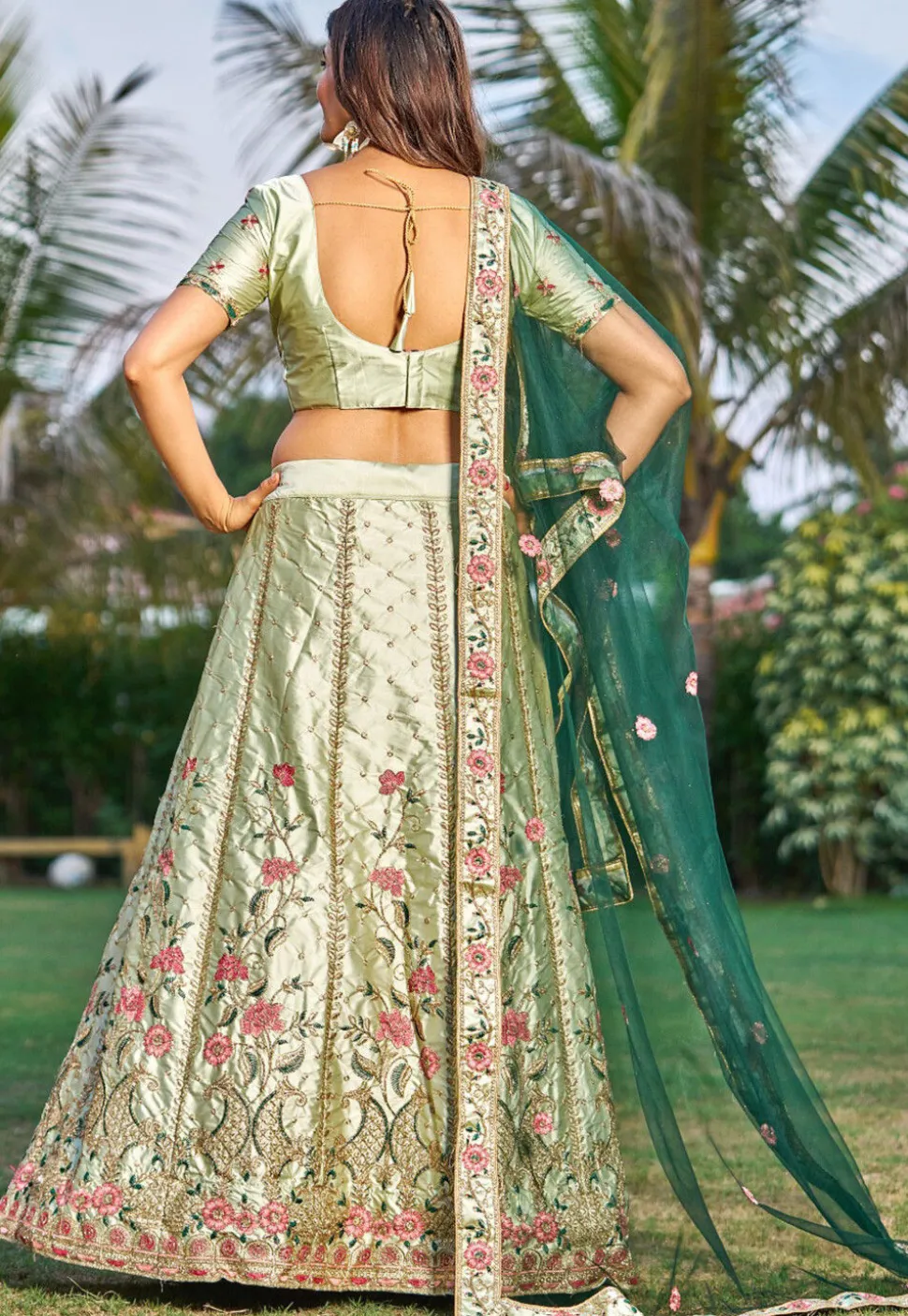 Embroidered Satin Lehenga in Pastel Green
