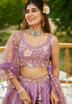 Embroidered Satin Lehenga in Purple