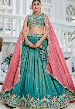 Embroidered Satin Lehenga in Teal Blue