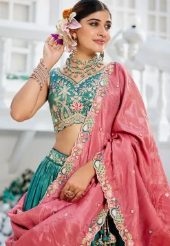 Embroidered Satin Lehenga in Teal Blue