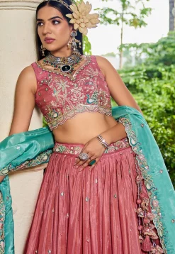 Embroidered Satin Lehenga in Peach