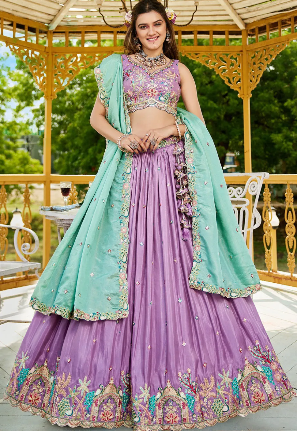 Embroidered Satin Lehenga in Purple