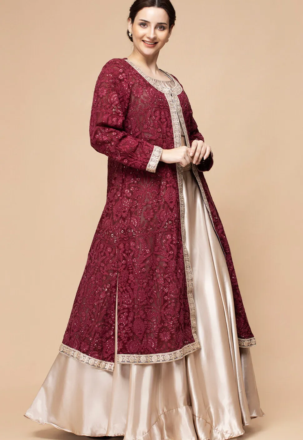 Embroidered Satin Lehenga in Light Beige