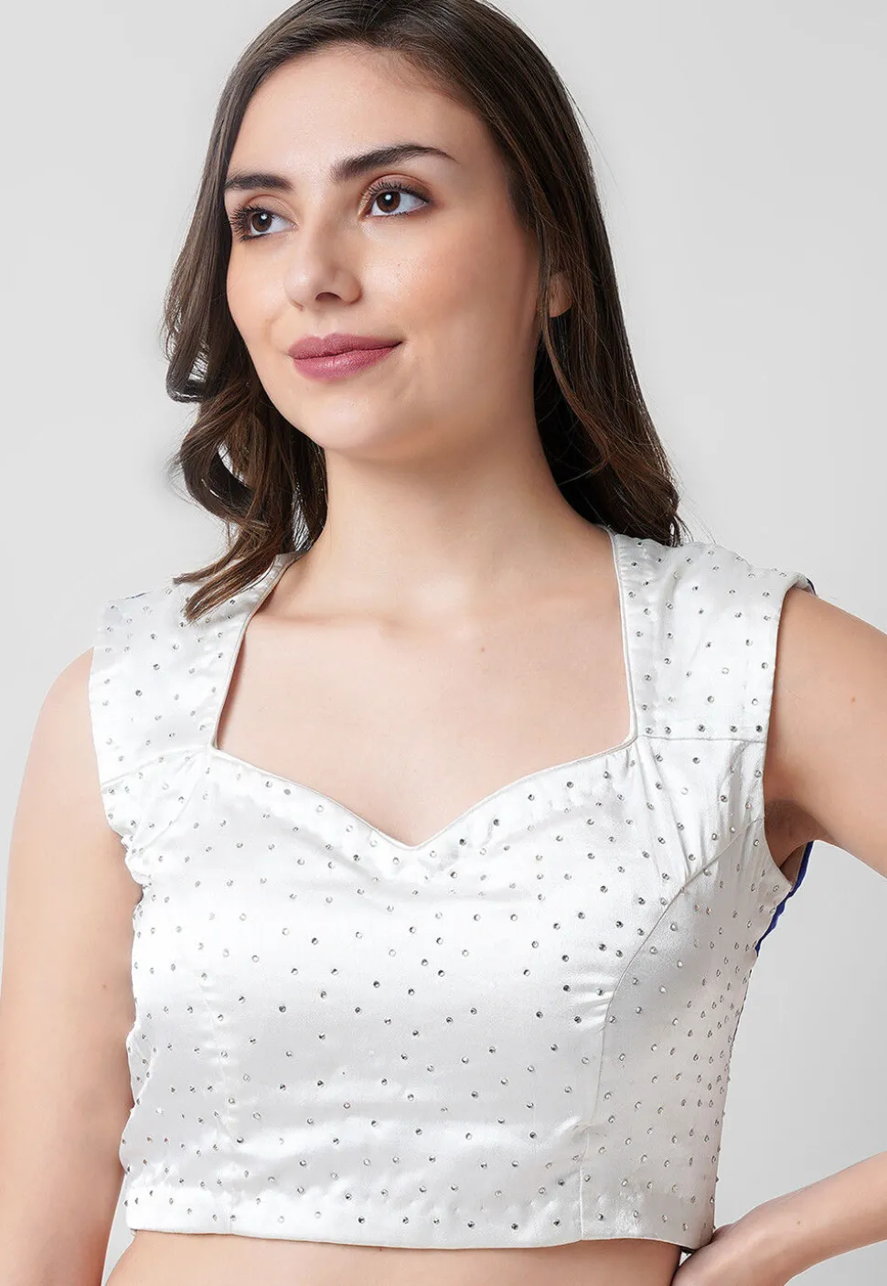 Embroidered Satin Padded Blouse in White and Blue