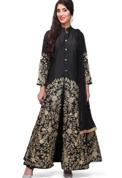 Embroidered Satin Pakistani Suit in Black