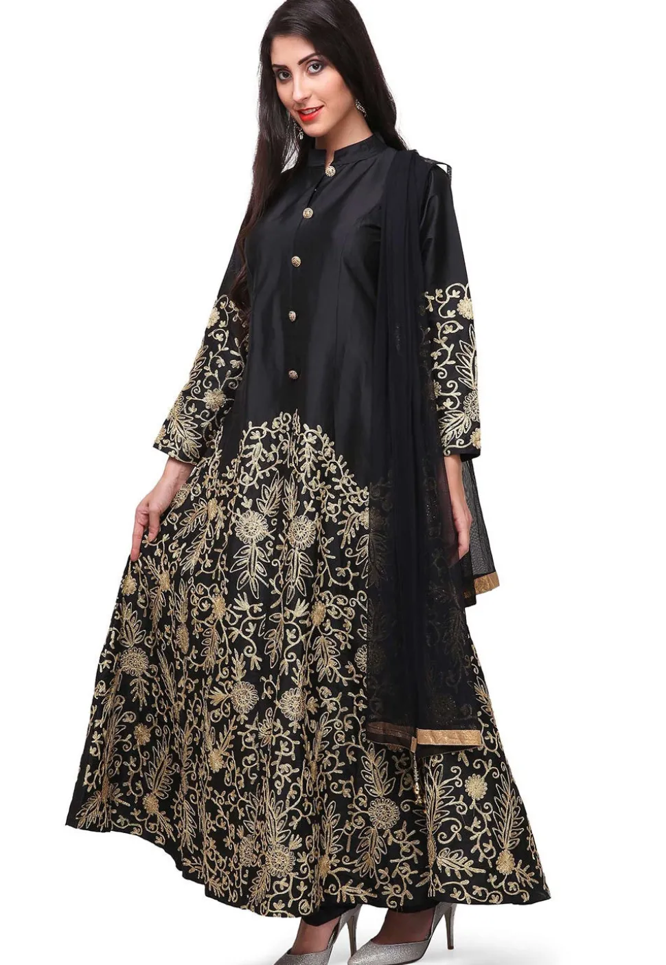Embroidered Satin Pakistani Suit in Black