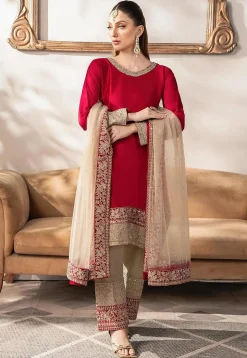 Embroidered Satin Pakistani Suit in Red