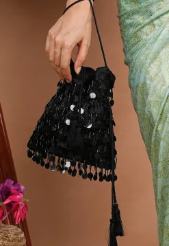 Embroidered Satin Potli Bag in Black