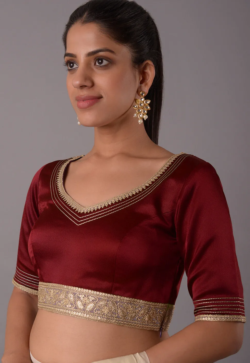 Embroidered Satin Princess Cut Blouse in Maroon