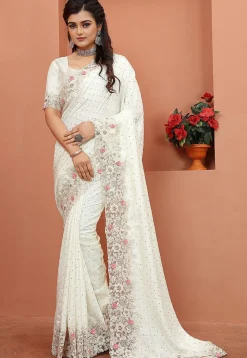 Embroidered Satin Saree in Off White