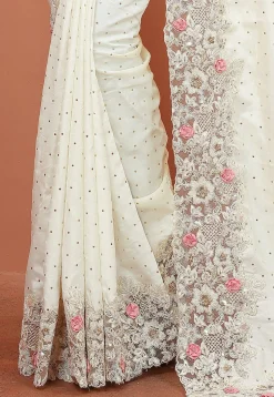 Embroidered Satin Saree in Off White