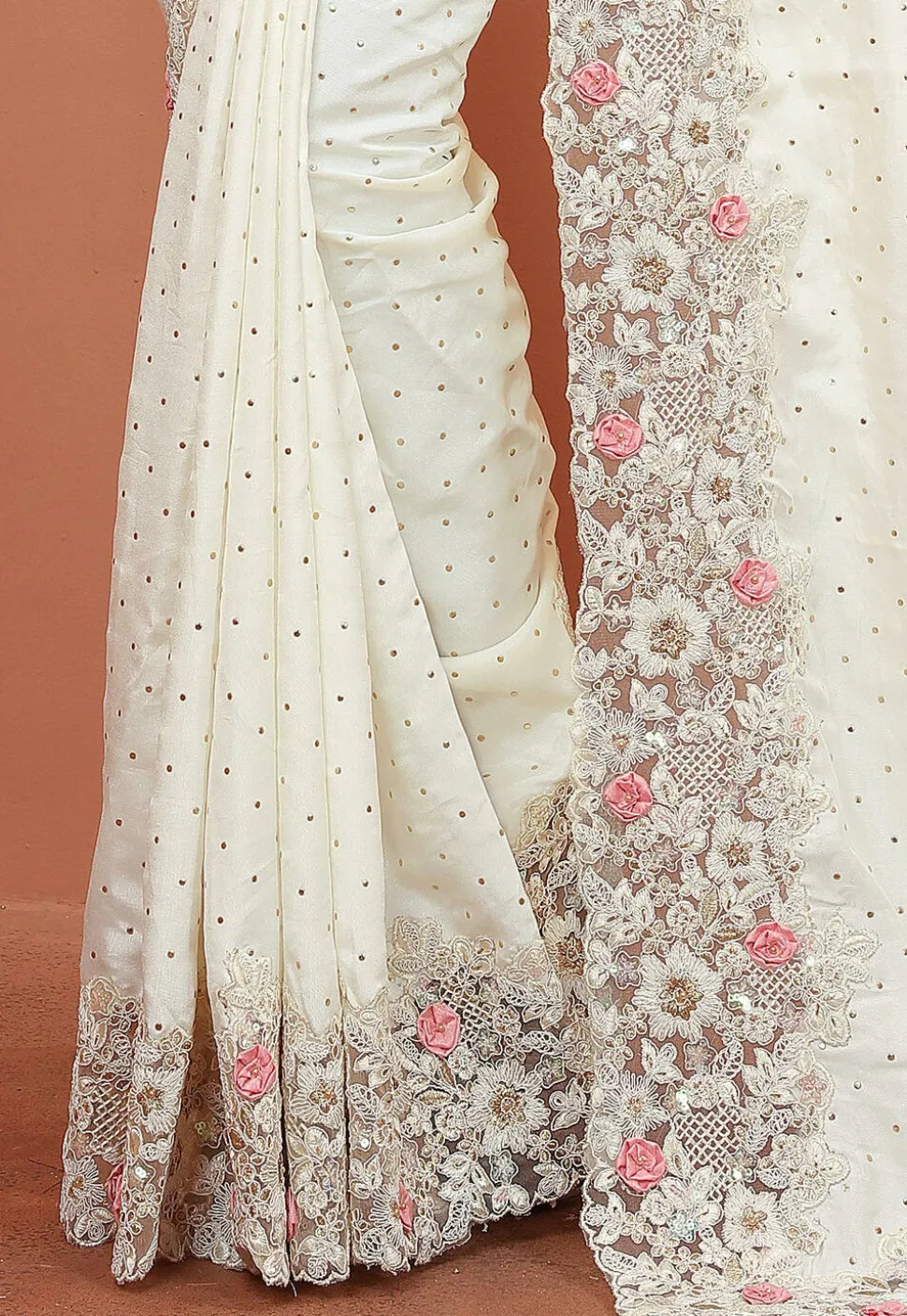 Embroidered Satin Saree in Off White