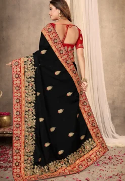 Embroidered Satin Saree in Black
