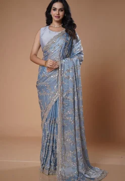 Embroidered Satin Saree in Light Blue