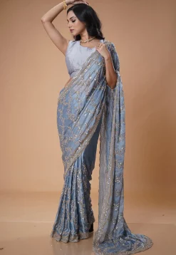 Embroidered Satin Saree in Light Blue
