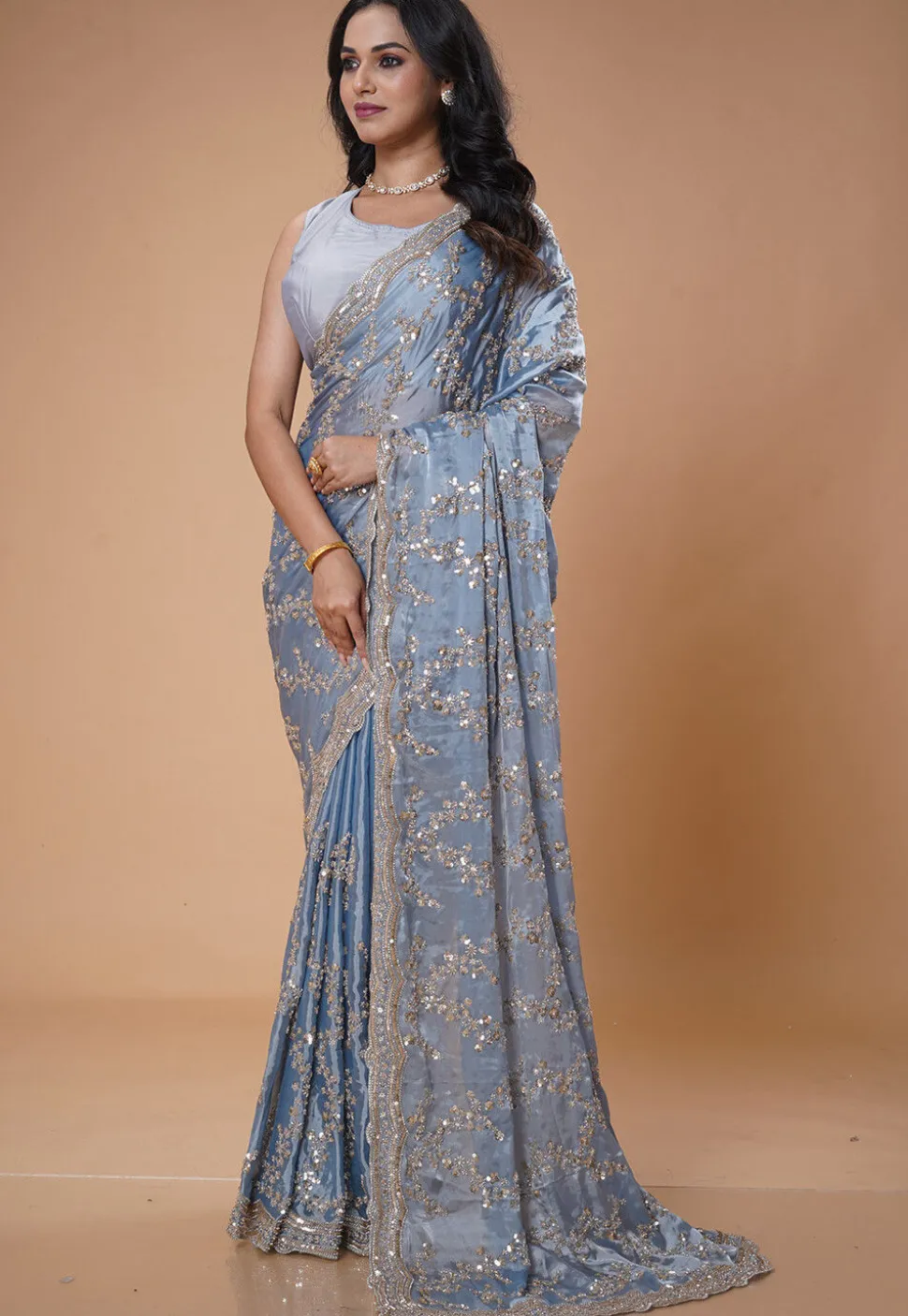 Embroidered Satin Saree in Light Blue