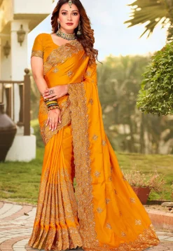 Embroidered Satin Saree in Mustard