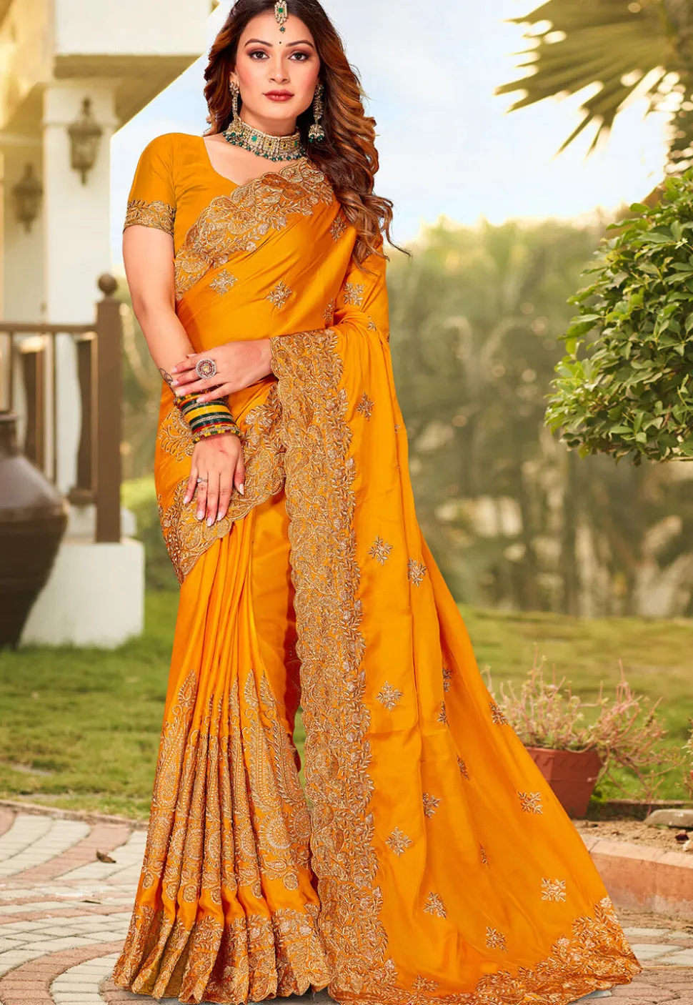 Embroidered Satin Saree in Mustard