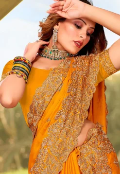 Embroidered Satin Saree in Mustard