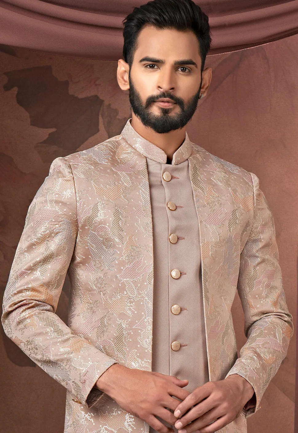 Embroidered Satin Sherwani in Fawn